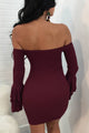 Sexy Wine Off The Shoulder Ruffled Sleeve Ribbed Mini Dress