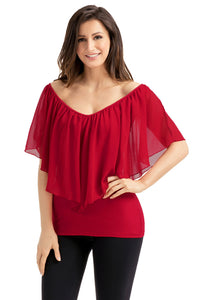 Sexy Red Cold Shoulder Flutter Top