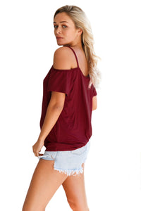 Sexy Red Cold Shoulder Short Sleeve Loose Fit Tops
