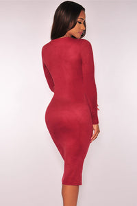 Sexy Wine Red Faux Suede Long Sleeves Slit Dress