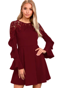 Sexy Wine Red Lace Long Sleeve Skater Dress