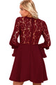 Sexy Wine Red Lace Long Sleeve Skater Dress