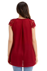 Sexy Wine Red Lace Sleeves Lace up Tunic Top