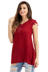 Sexy Wine Red Lace Sleeves Lace up Tunic Top