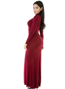 Sexy Wine Red Long Sleeves Side Split Slit Jesery Maxi Dress