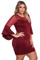 Sexy Wine Red Plus Size Mesh Trim Bell Sleeve Bodycon Dress