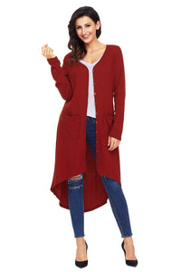 Sexy Wine Ribbed Hi Low Long Cardigan with Pockets