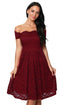 Sexy Wine Scalloped Off Shoulder Flared Lace Dress