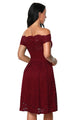 Sexy Wine Scalloped Off Shoulder Flared Lace Dress