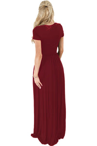 Sexy Wine Short Sleeve Ruched Waist Maxi Dress