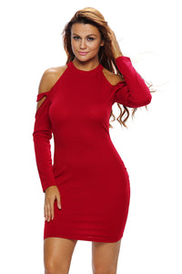 Sexy Wine Strappy Cold Shoulder Long Sleeve Mini Dress