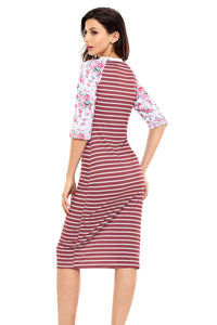 Sexy Wine White Stripe Floral Sleeve Midi Dress