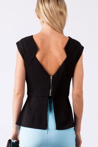 Sexy Womanly Black Zipped Back Top with Peplum Detail