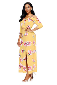 Sexy Yellow Cold Shoulder Floral Slit Maxi Dress