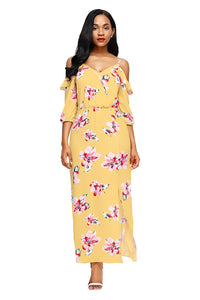 Sexy Yellow Cold Shoulder Floral Slit Maxi Dress