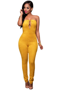 Sexy Yellow Deep V Lace-up Faux Suede Strapless Jumpsuit