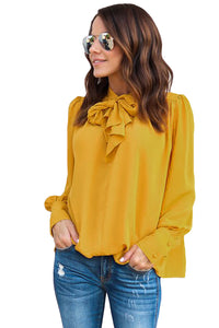 Sexy Yellow Demure Tie Neck Blouse for Women