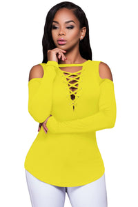Sexy Yellow Long Sleeve Cut-out Shoulder Ribbed Top