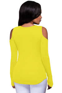 Sexy Yellow Long Sleeve Cut-out Shoulder Ribbed Top