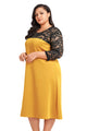 Sexy Yellow O Neck Lace Splice Plus Size Dress