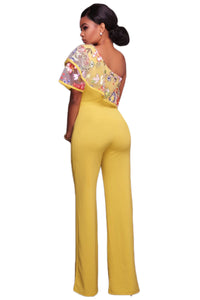Sexy Yellow One Shoulder Ruffle Jumpsuit