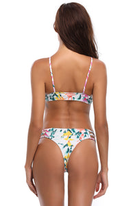 Sexy Yellow Pink Floral Print High Neck 2pcs Bathing Suit
