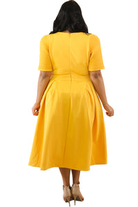 Sexy Yellow Plus Size Pleat Flare Dress