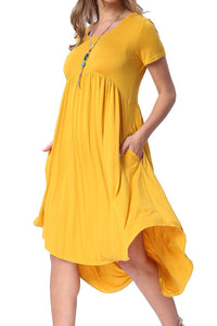 Sexy Yellow Short Sleeve High Low Pleated Casual Swing Dress