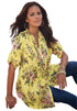 Sexy Yellow V Neck Pleat Button Front Floral Tunic Top