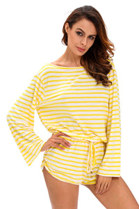 Sexy Yellow White Batwing Stripe Cover-Up Romper