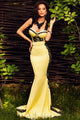 Sexy Yellow and Black Lace Sponges Bust Maxi Mermaid Dress