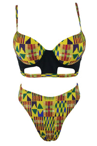 Sexy Yellowish African Print Cut out High Waist Swimsuit