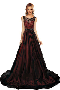 Sheer Lace Mesh Overlay Burgundy Queen Party Gown