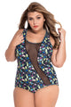Sheer Mesh Accent Floral Print Plus One-piece Swimwear