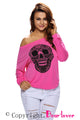 Skull Print Off Neck Pink Long Sleeve T-shirt