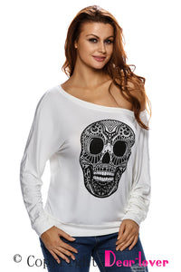 Skull Print Off Neck White Long Sleeve T-shirt