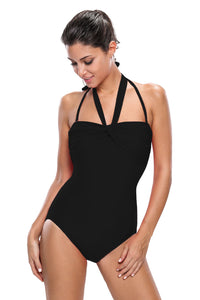 Solid Black Double Halterneck Ruched One Piece Swimsuit