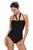 Solid Black Double Halterneck Ruched One Piece Swimsuit