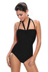 Solid Black Double Halterneck Ruched One Piece Swimsuit