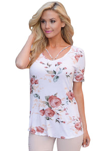 Strappy Neck Detail Light Floral Short Sleeve T-shirt