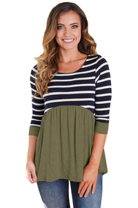 Striped Spliced Army Green Contrast 3/4 Sleeve Blouse
