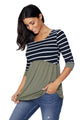 Sexy Striped Spliced Army Green Contrast 3/4 Sleeve Blouse