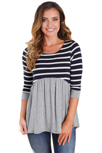 Sexy Striped Spliced Gray Contrast 3/4 Sleeve Blouse