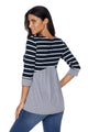 Sexy Striped Spliced Gray Contrast 3/4 Sleeve Blouse