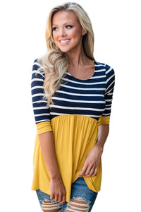 Sexy Striped Spliced Yellow Contrast 3/4 Sleeve Blouse