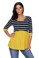 Sexy Striped Spliced Yellow Contrast 3/4 Sleeve Blouse