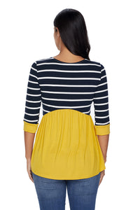 Sexy Striped Spliced Yellow Contrast 3/4 Sleeve Blouse