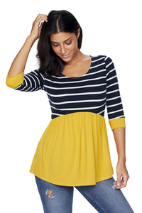 Sexy Striped Spliced Yellow Contrast 3/4 Sleeve Blouse