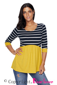 Sexy Striped Spliced Yellow Contrast 3/4 Sleeve Blouse