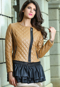 Stylish Khaki Collarless Quilted PU Womens Jacket